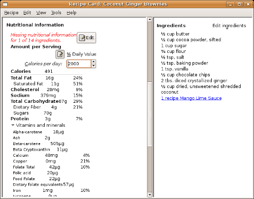 Screenshot of Nutrional Information view